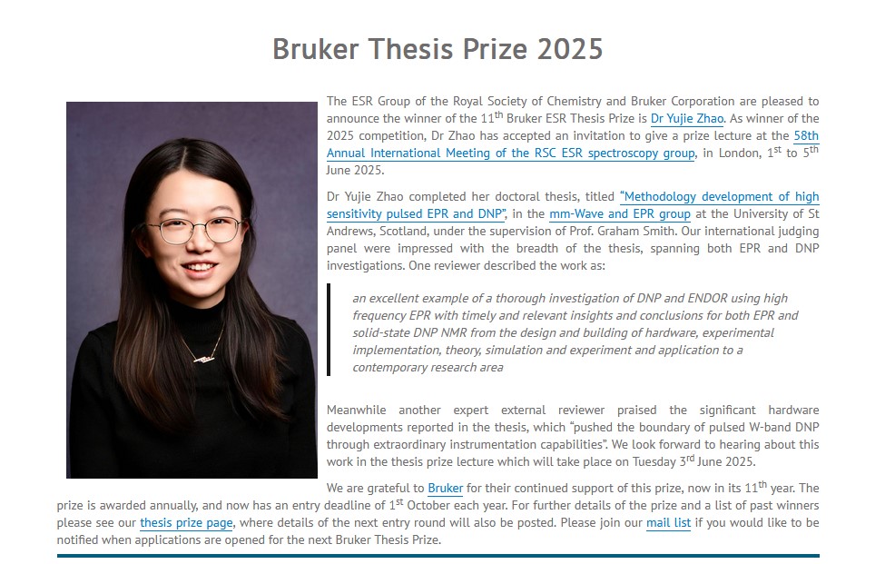 Dr Yujie Zhao wins the 2025 Bruker PhD Thesis Prize
